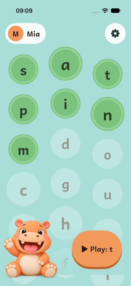 Soundpond home screen with lily pads for each letter sound