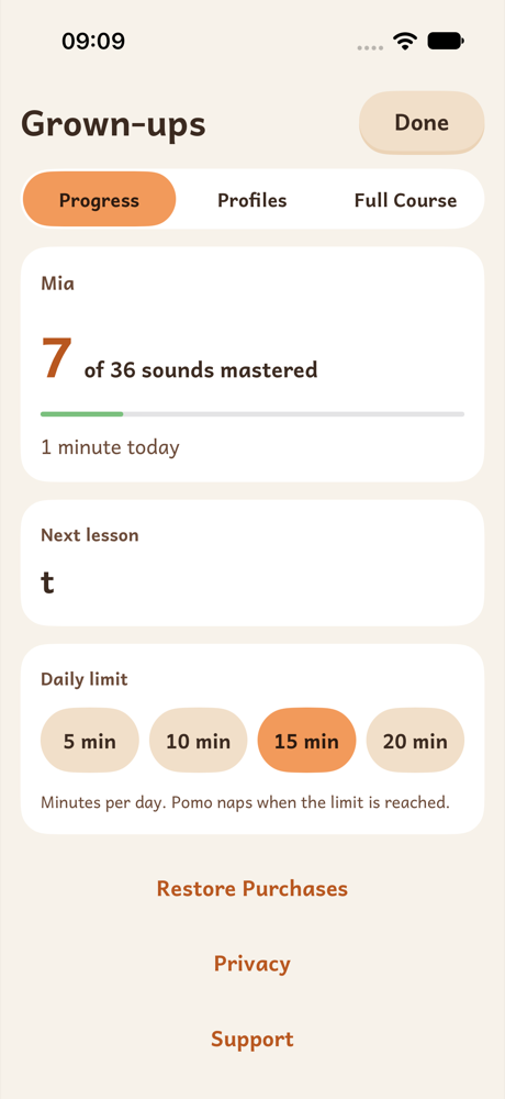 Grown-ups screen with progress and daily limit
